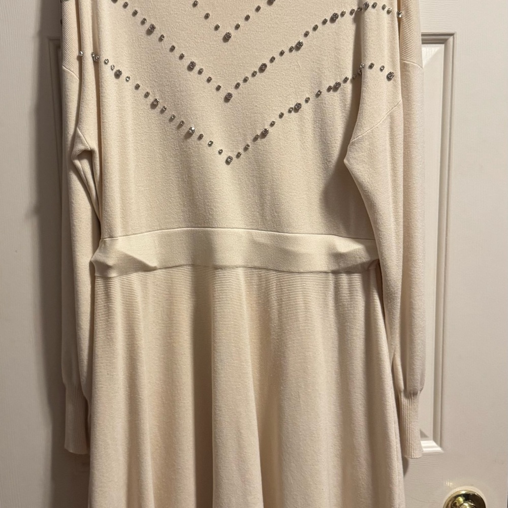 Elegant Cream Studded Long Sleeve Fit & Flare Dress